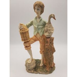 Vintage Farmhouse Boy with Goose & Basket Statue - 1980s Cottagecore
